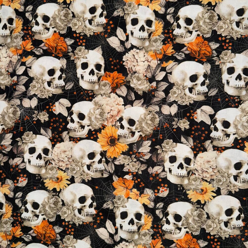 Skulls, Spider Webs & Fall Floral Cotton Fabric - 1/2 Yard - Halloween, Harvest